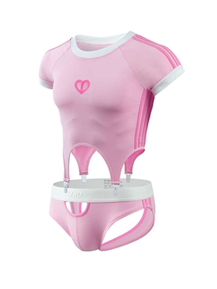 Men's Sexy Pink Sporty Bodysuit Jockstrap Set