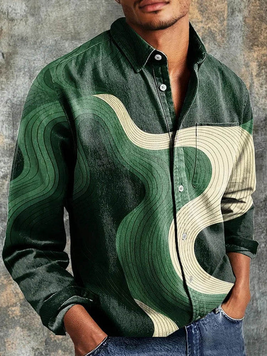 Casual Green Geometric Stripes Print Shirt