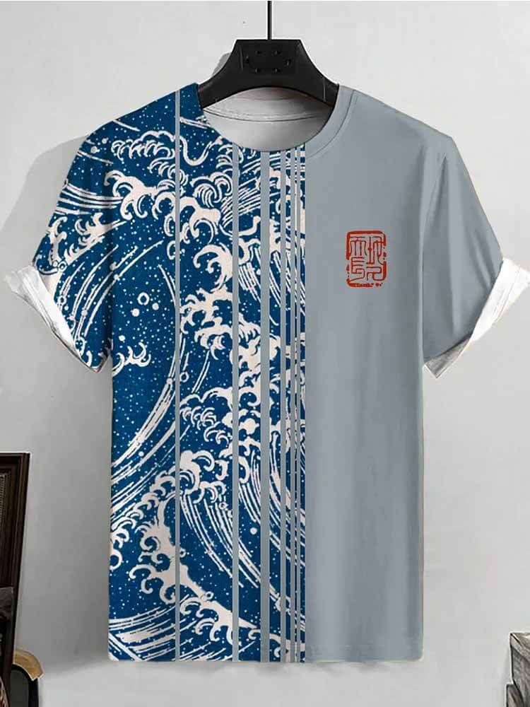 Men's Casual Sea Wave Color Block Print T-Shirt