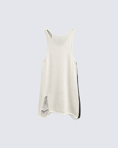New Black White Distressed Knit Tank Top