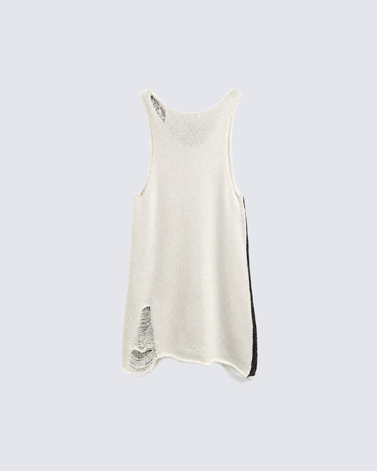 New Black White Distressed Knit Tank Top