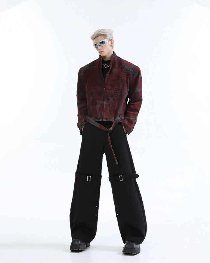New Red Gothic Washed Belted Cropped Biker Jacket