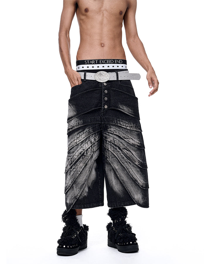 New Deconstructed Washed Layered Wave Denim Shorts