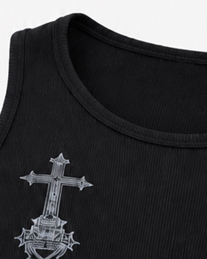 KIIKIO Gothic Cross Embroidered Slim Fit Ribbed Tank Top