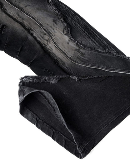 Dark Wavy Zipper Deconstructed Wide Denim Pants New