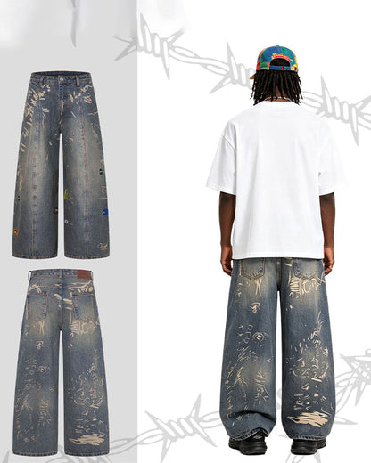 Vintage Graffiti Print Wide Leg Denim Pants New