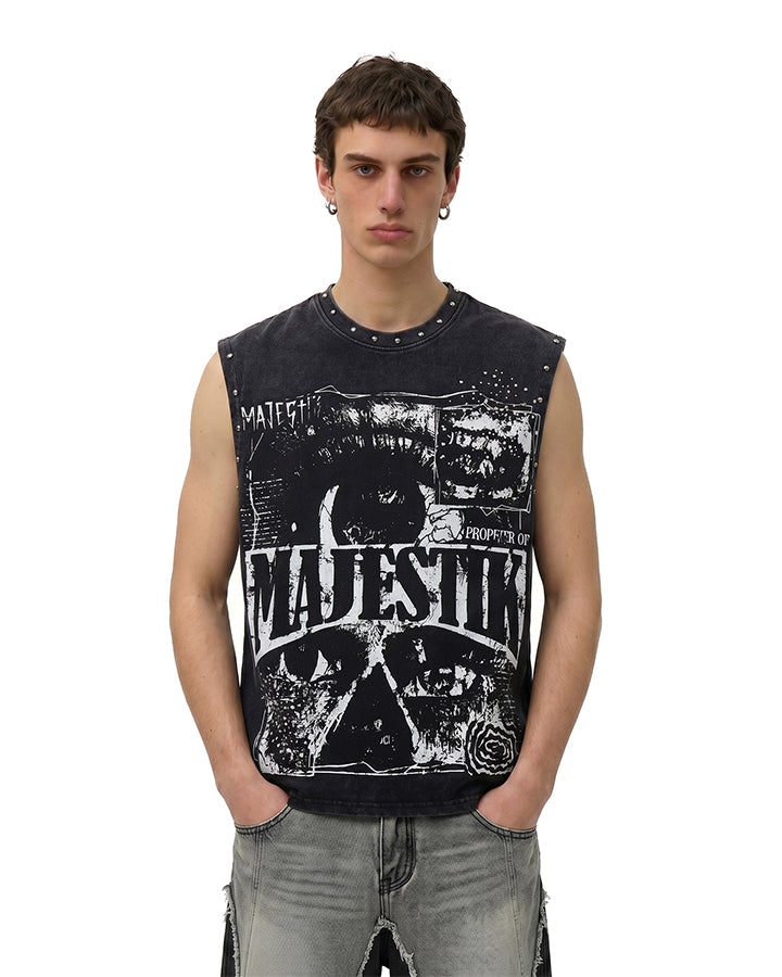 Grunge Studded Washed New Graphic Sleeveless Tank Top