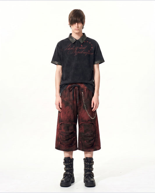 KIIKIO -New Vintage Washed Letter Print Polo Shirt