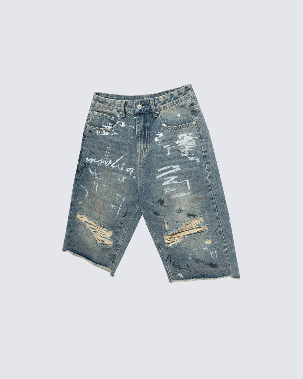 High Street New Graffiti Distressed Wide Denim Shorts
