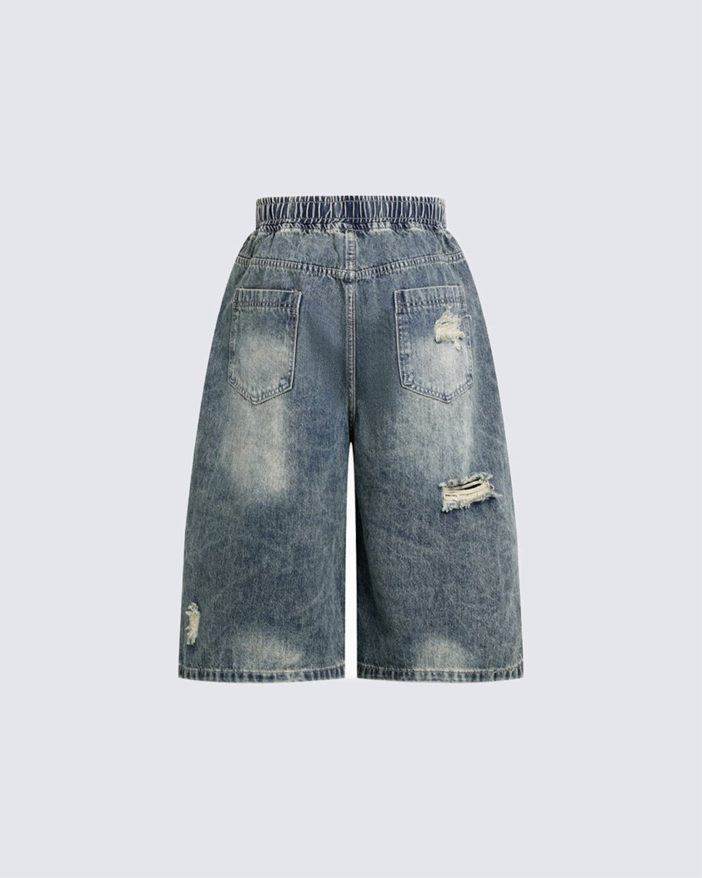 Grunge Drawstring Panel Distressed Wide Denim Shorts