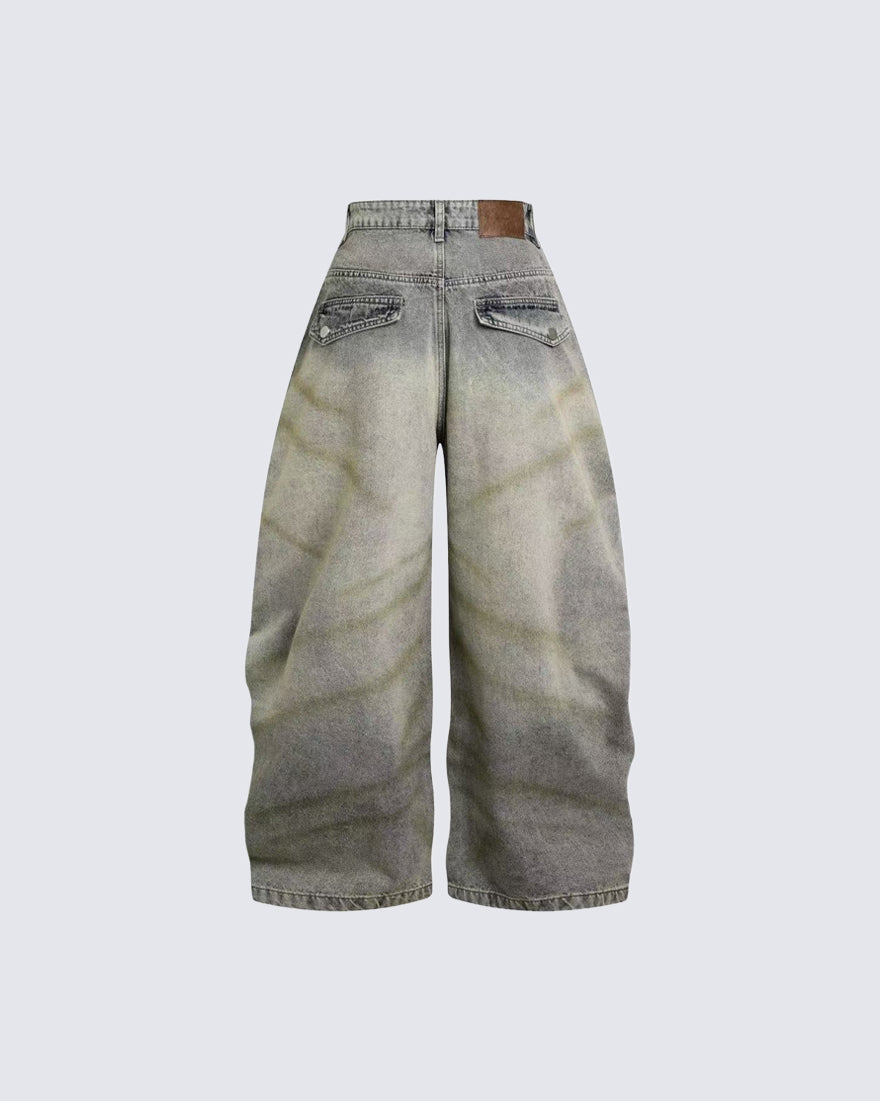 Grunge New Washed Distressed Wide Denim Pants