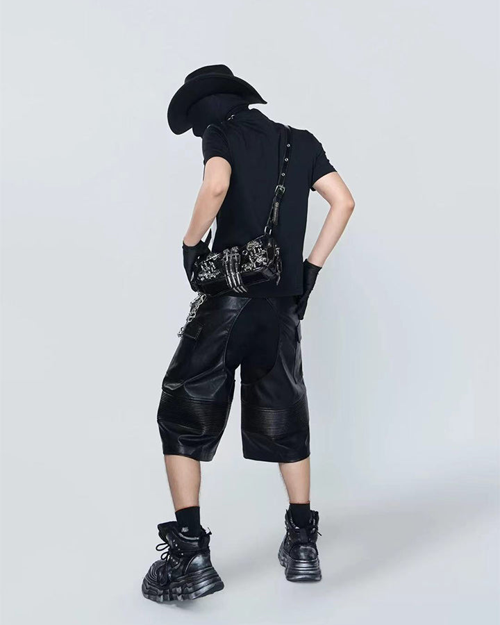 Gothic Deconstructed Patchwork Heavy PU Cargo Shorts