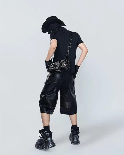 Gothic Deconstructed Patchwork Heavy PU Cargo Shorts