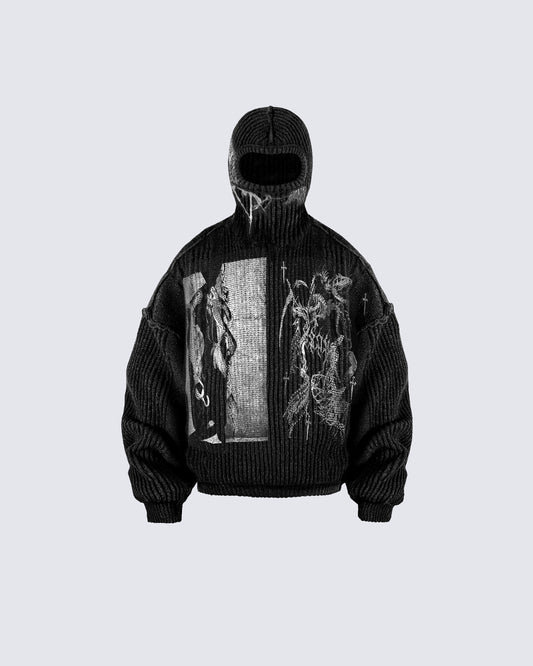 Punk Graphic Distressed Knit Hoodie