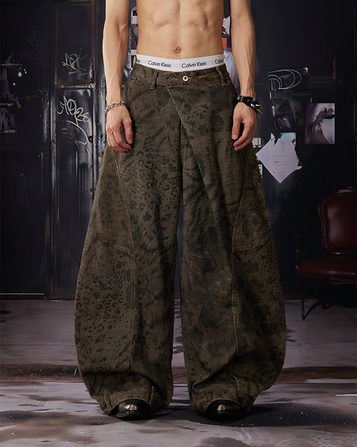 Leopard Double Animal-Texture Washed Wide-Leg Jeans