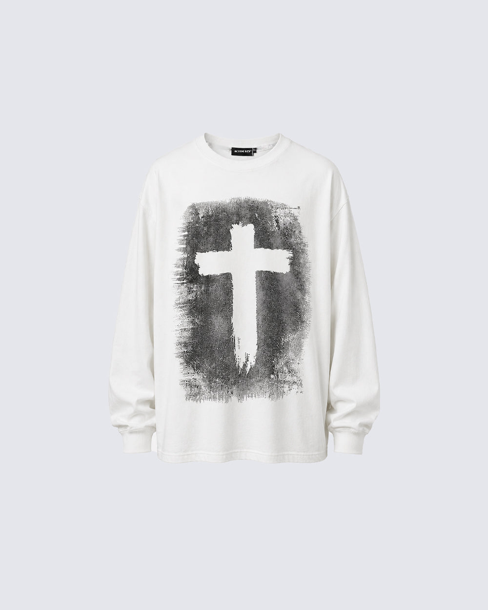 KIIKIO Vintage-Style Cross Print Long-Sleeve T-Shirt