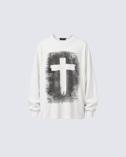 KIIKIO Vintage-Style Cross Print Long-Sleeve T-Shirt