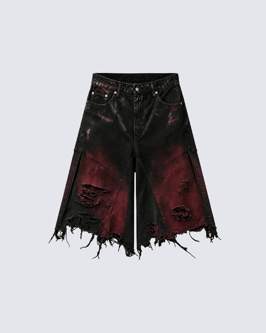 KIIKIO Red Washed Distressed Denim Shorts