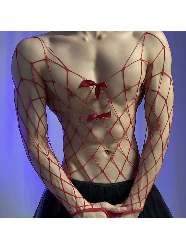 Men's Sexy Red Bow Fishnet Bodysuit Tutu Skirt Set
