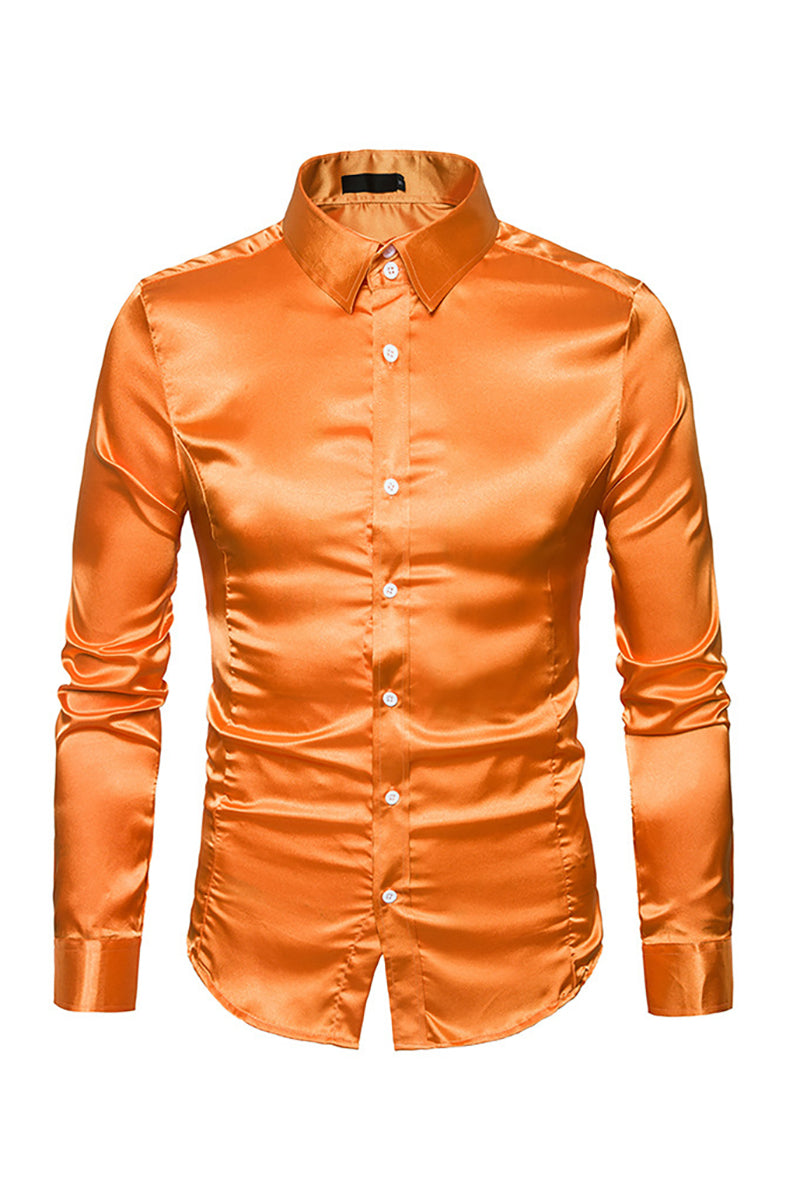 Satin Button Turndown Collar Slim Semi Formal Long Sleeve Shirt