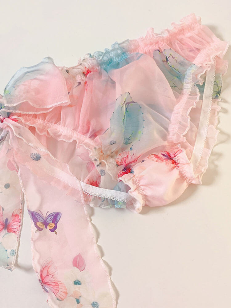 Sexy Mesh Lace-Up Bow Skirt Briefs