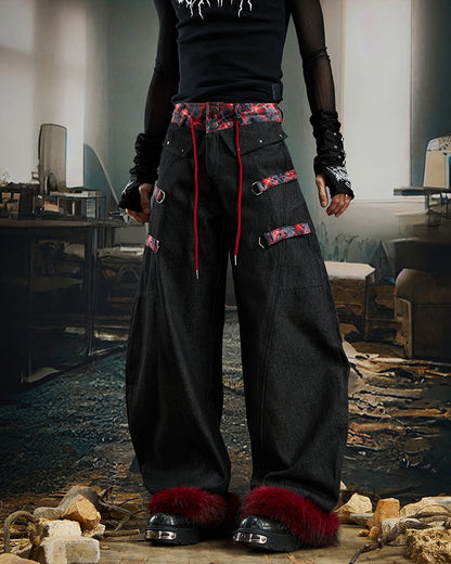 American Retro Plaid Patchwork Denim Pants