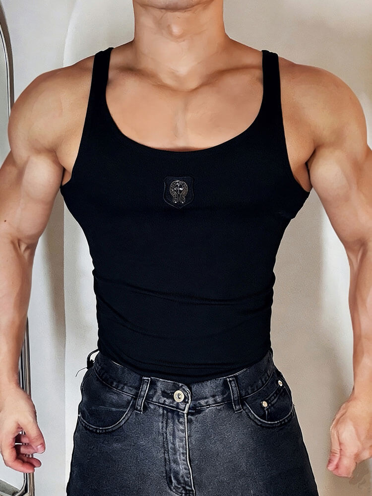 Men's Leather Badge Elastic Versatile Sports Vest