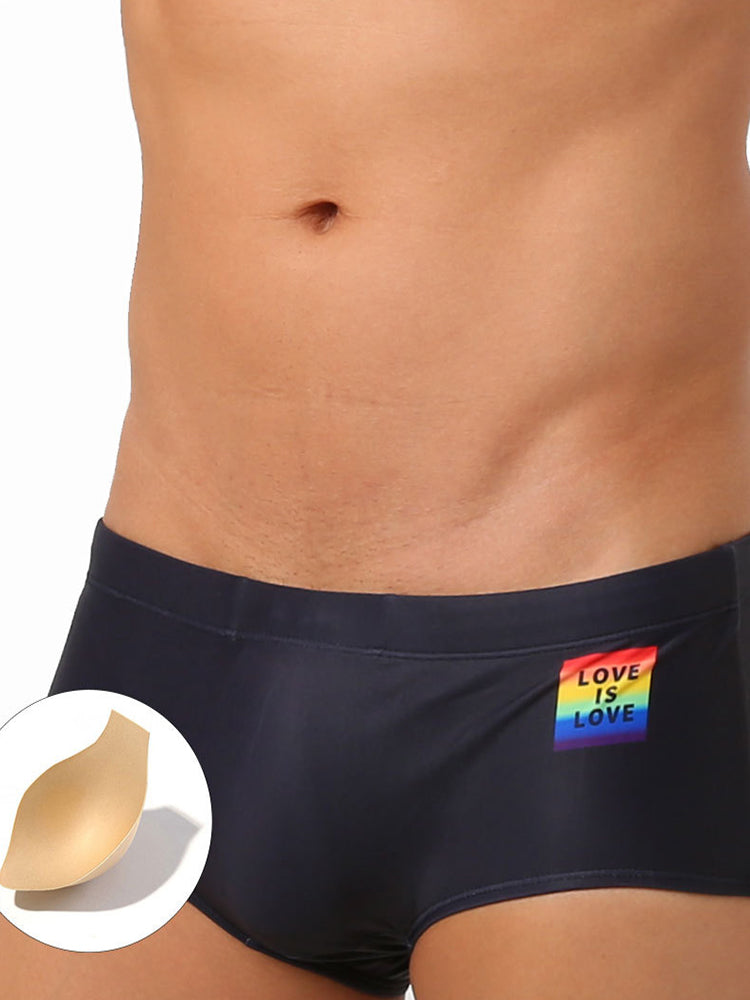 Rainbow Slogan Fashion With Cups Swim Trunks