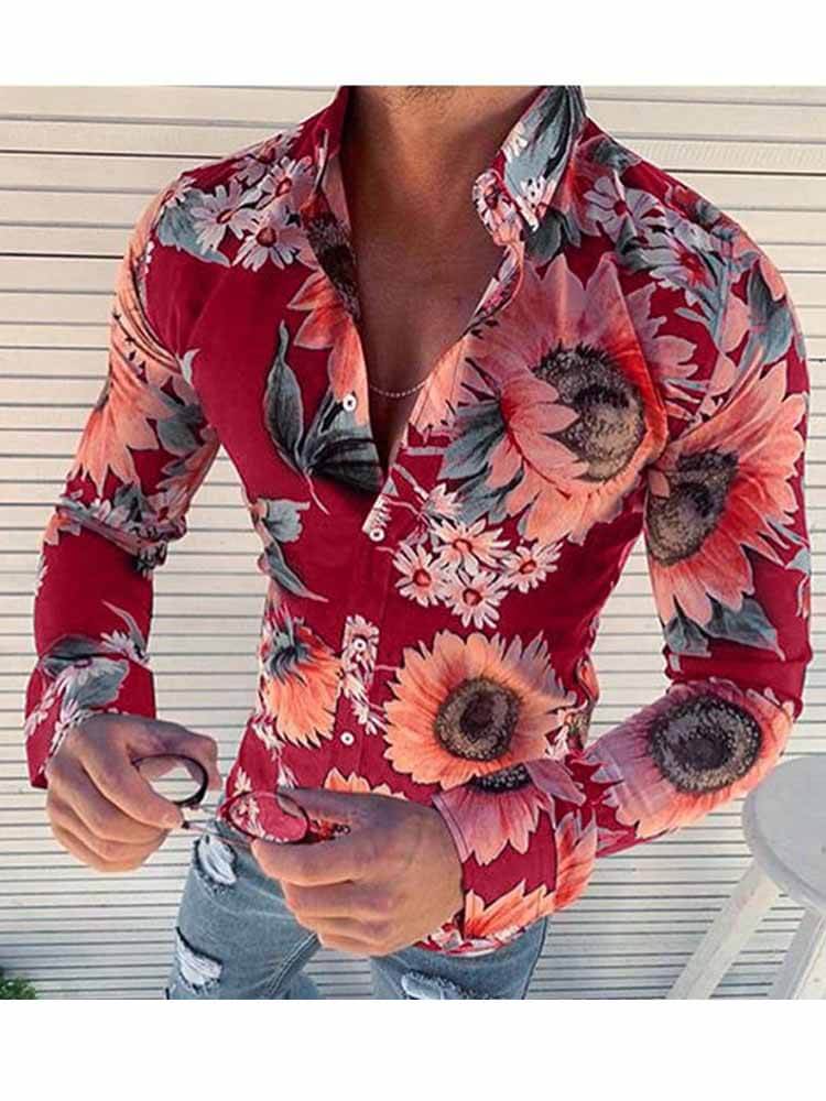 Men's Casual Sunflower Print Collared Holiday Shirt
