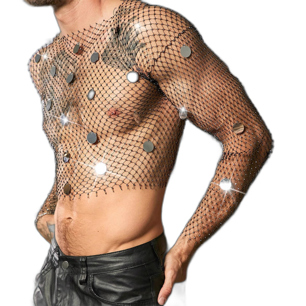 Mirror Sequin Cropped Rhinestone Mesh Top