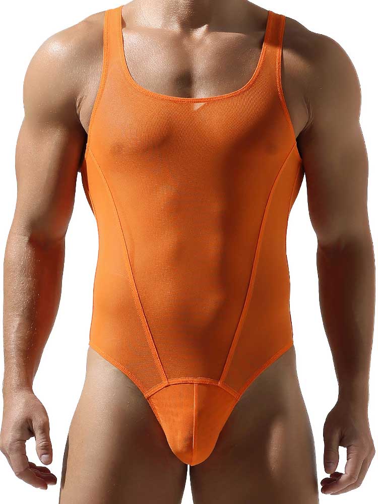 Men's Mesh Solid Color Fitness Bodysuit - Beige