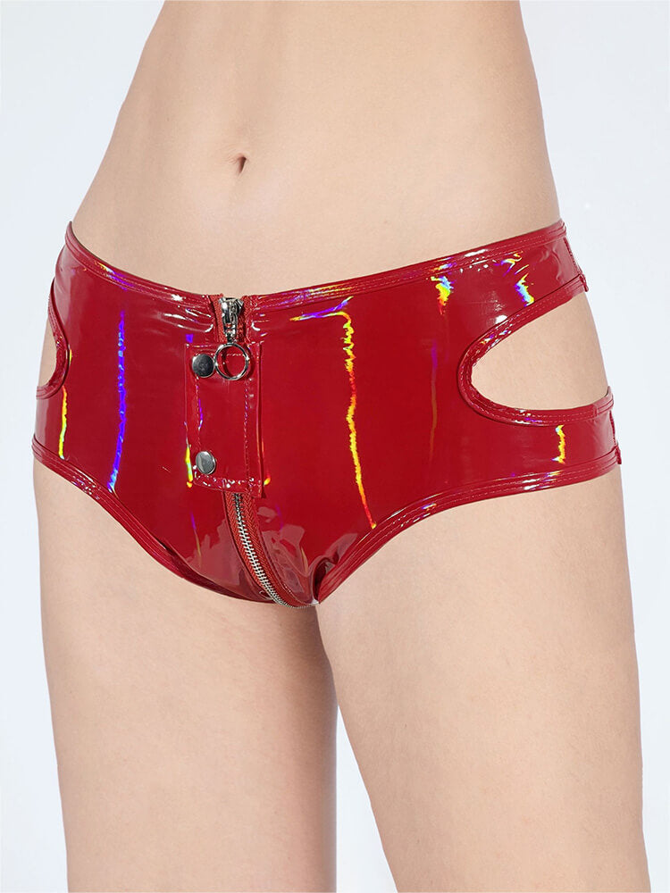 Sexy Side Cutout Patent Leather Zip Crotch Shorts