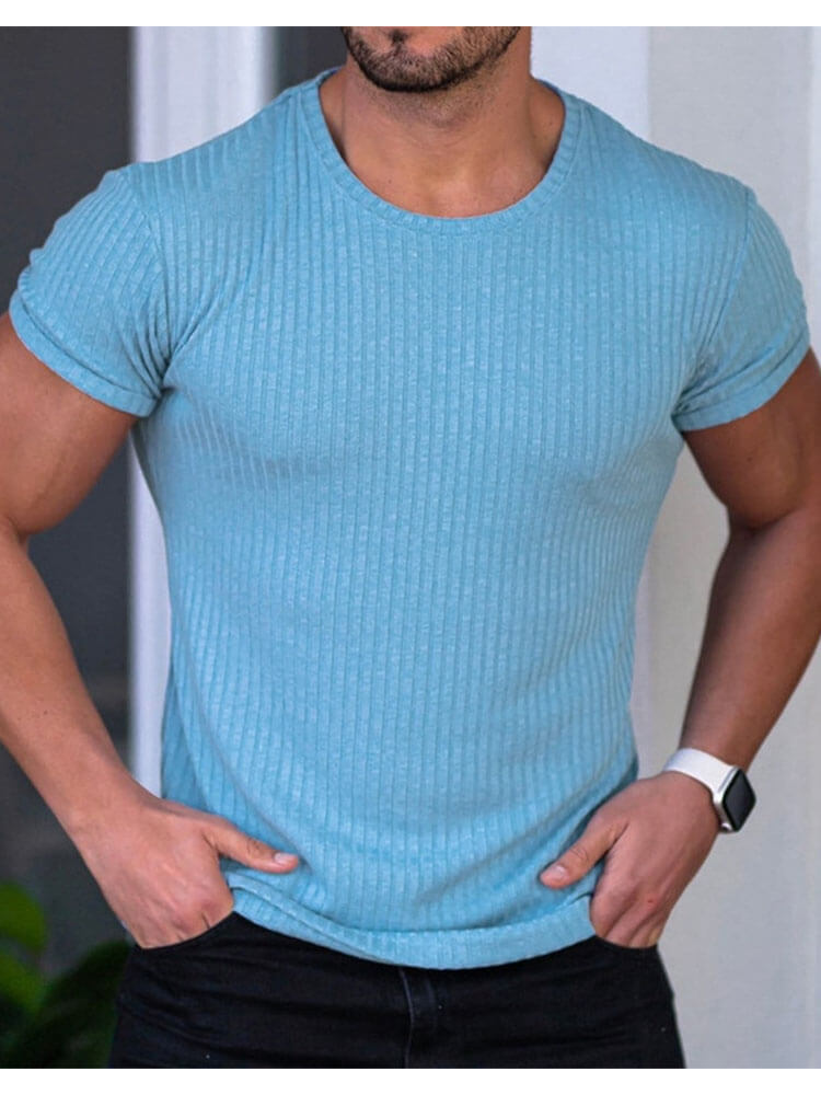 Men's Round Neck Vertical Striped Stretch T-Shirt