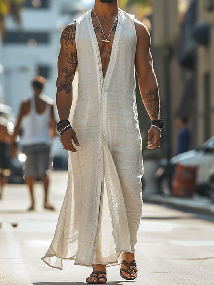 Men's Casual Sleeveless Button-Front Long Cardigan