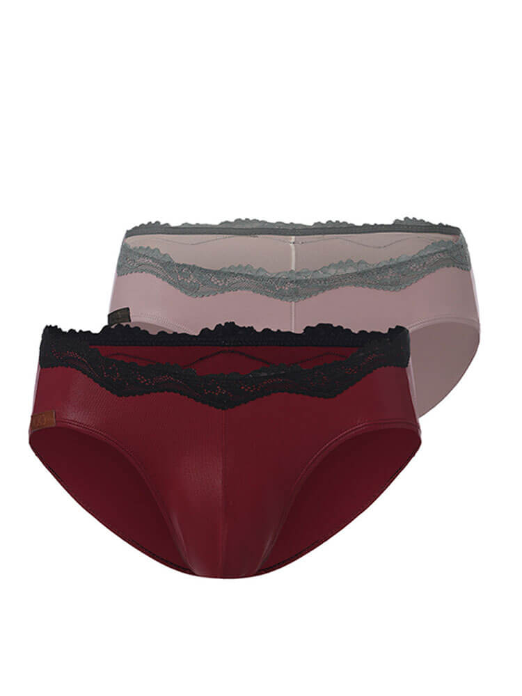 Men's Sexy Lace Trim Faux Leather Glossy Briefs
