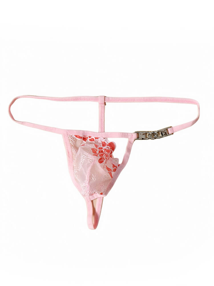 Men's Floral Embroidered Lace Metal Chain Thong
