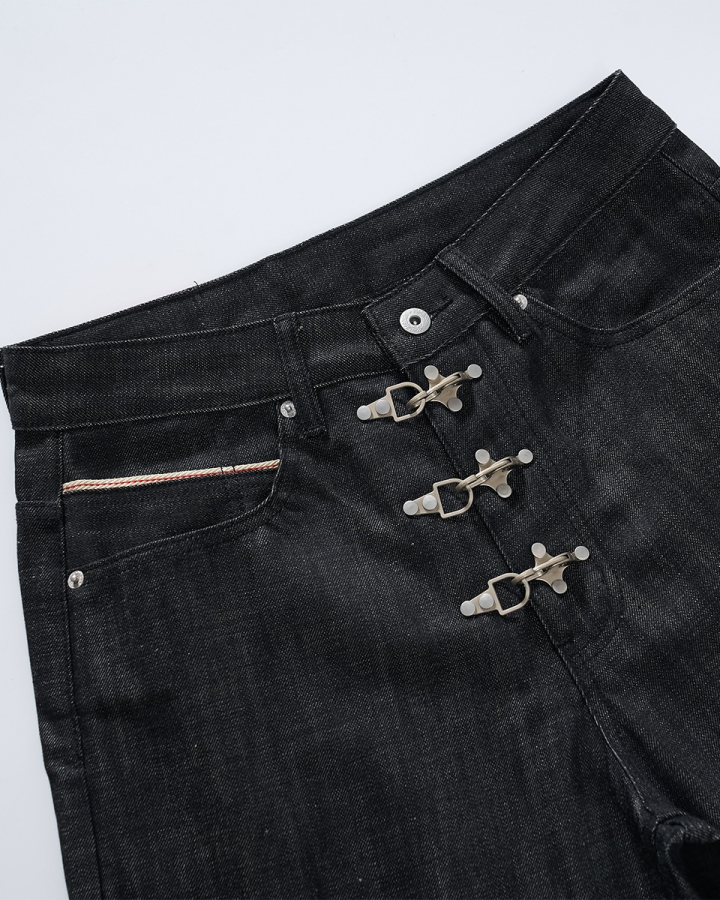 KIIKIO Punk Metal Buckle Raw Black Denim Shorts