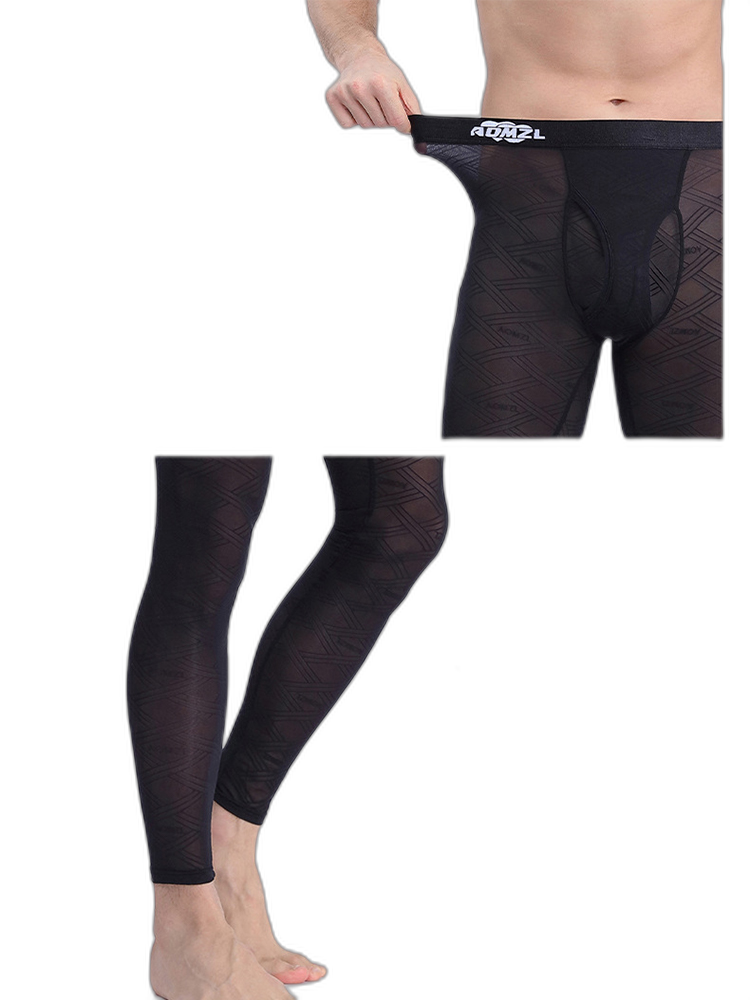 Men's Sexy Transparent Ice Silk Jacquard Seamless Tights Warm Pants