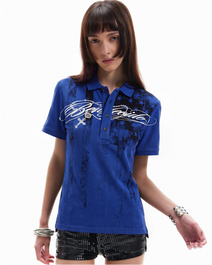KIIKIO Retro Star-Spangle Collared Polo Shirt
