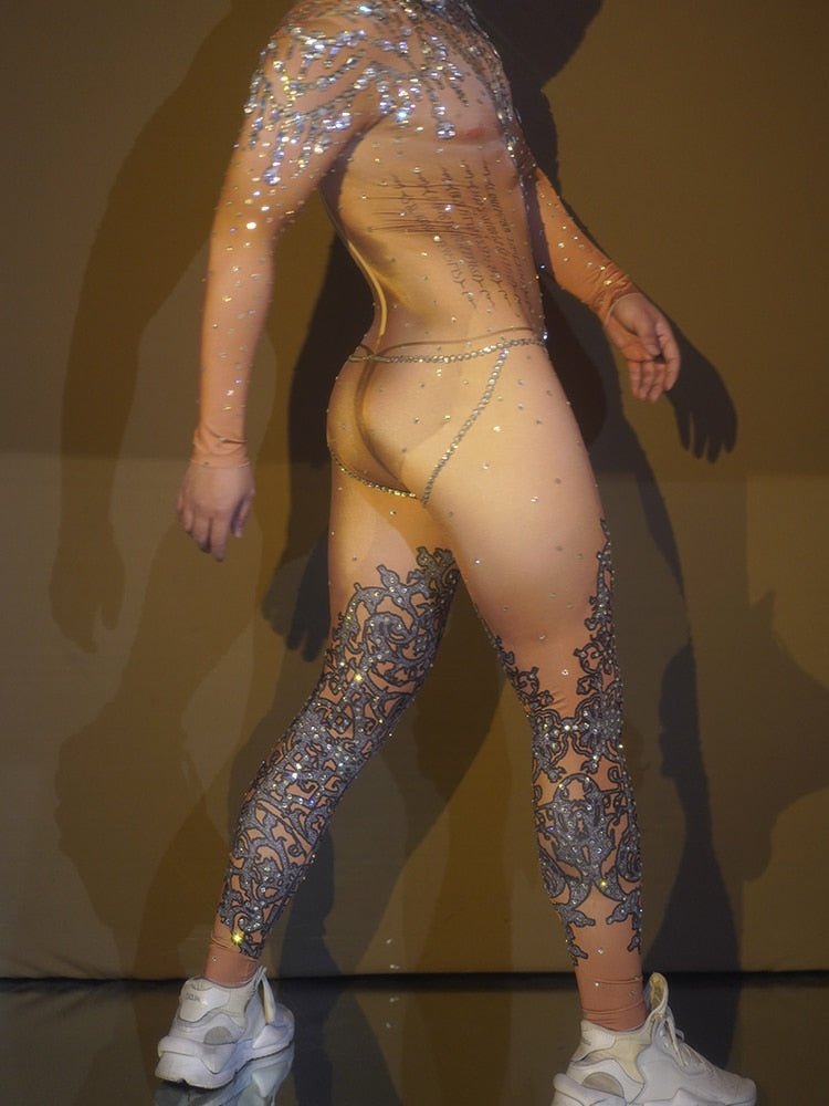 Skintight Bejeweled Bodysuit Rhinestones Singer Stage Dress