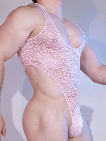 Men's Sexy Sheer Floral Lace Elastic Bodysuit