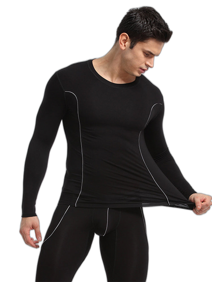 Men's Round Neck Solid Color Bamboo Fiber Thermal Underwear Set