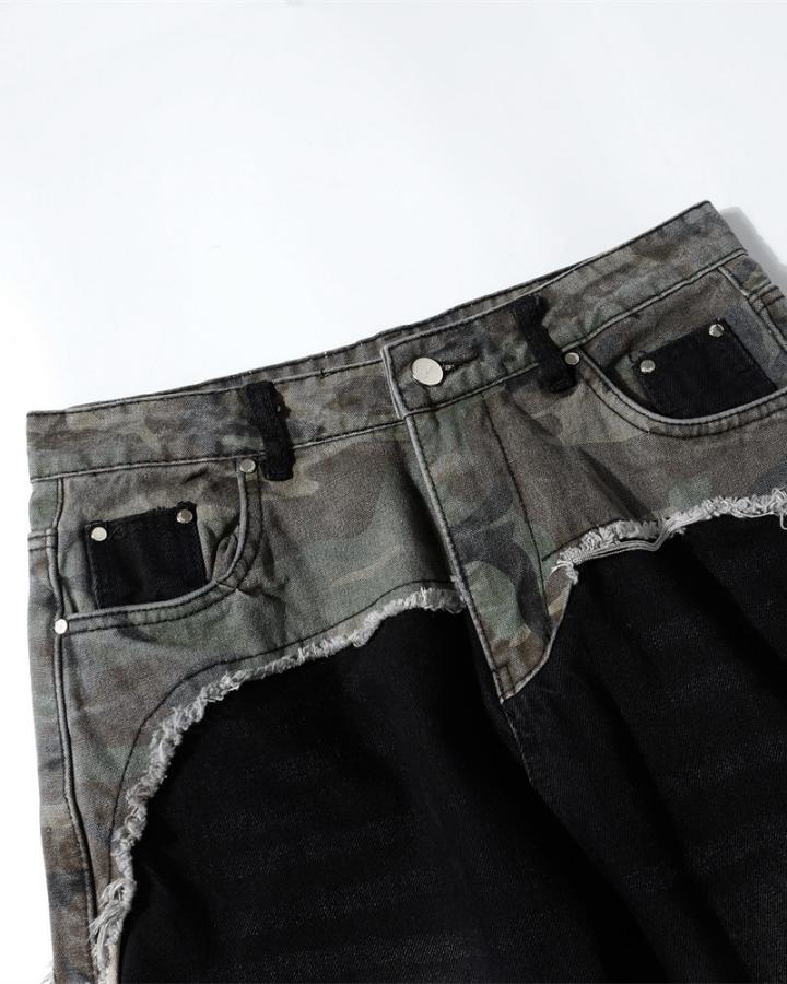 Punk Camouflage Patchwork Ripped Flared Jeans