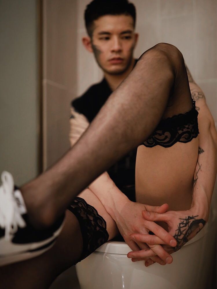 Men's Sexy Black Lace Elastic Stockings