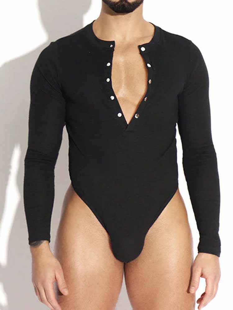 Men's Sexy Stretch Slim Long Sleeve Thong Bodysuit