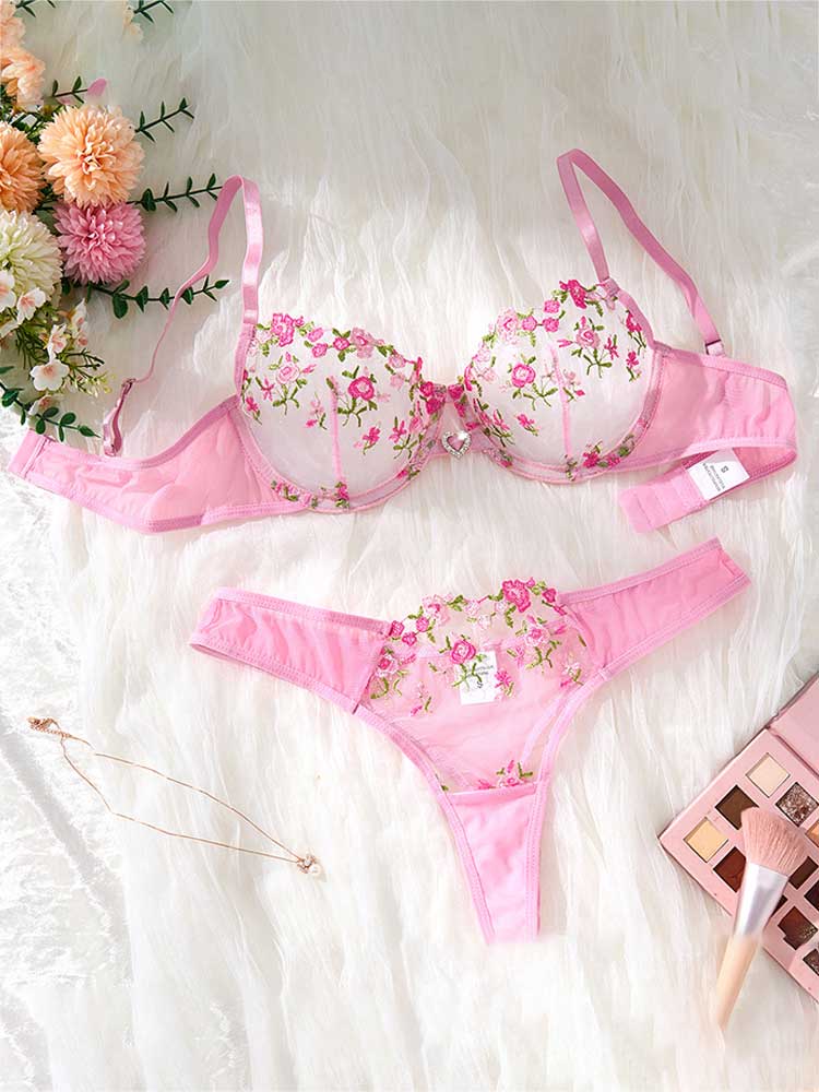 Men's Sexy Floral See-Through Mesh Bra Briefs Set