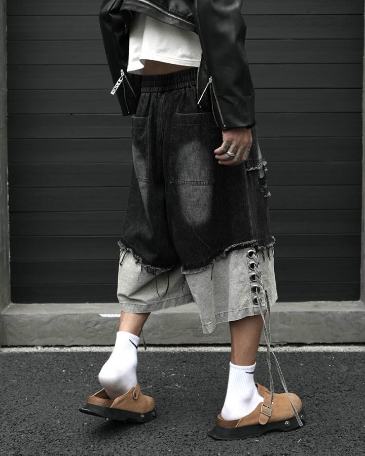 KIIKIO High-Street Wasteland-Style Hip-Hop Color-Block Cropped Pants