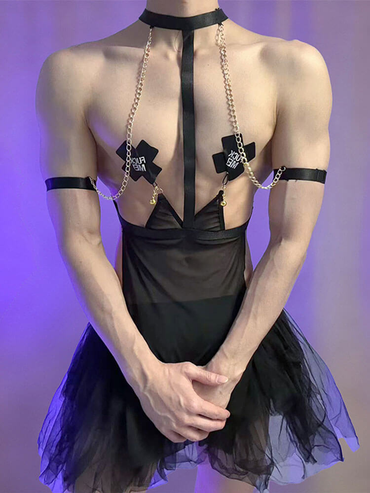 Men's Sexy Nipple Clamps Mesh Halter Dress Set