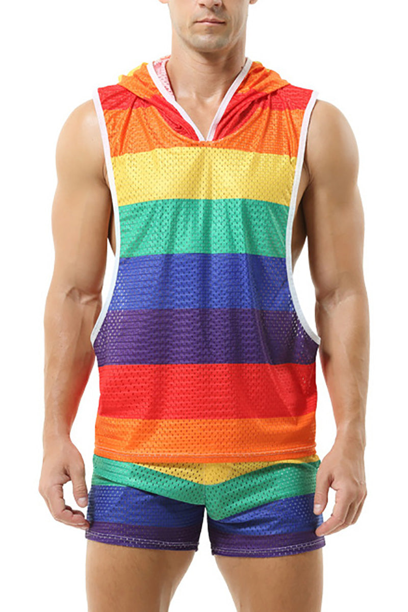 Rainbow Striped Hooded Tank Top Shorts Two-Piece Set
