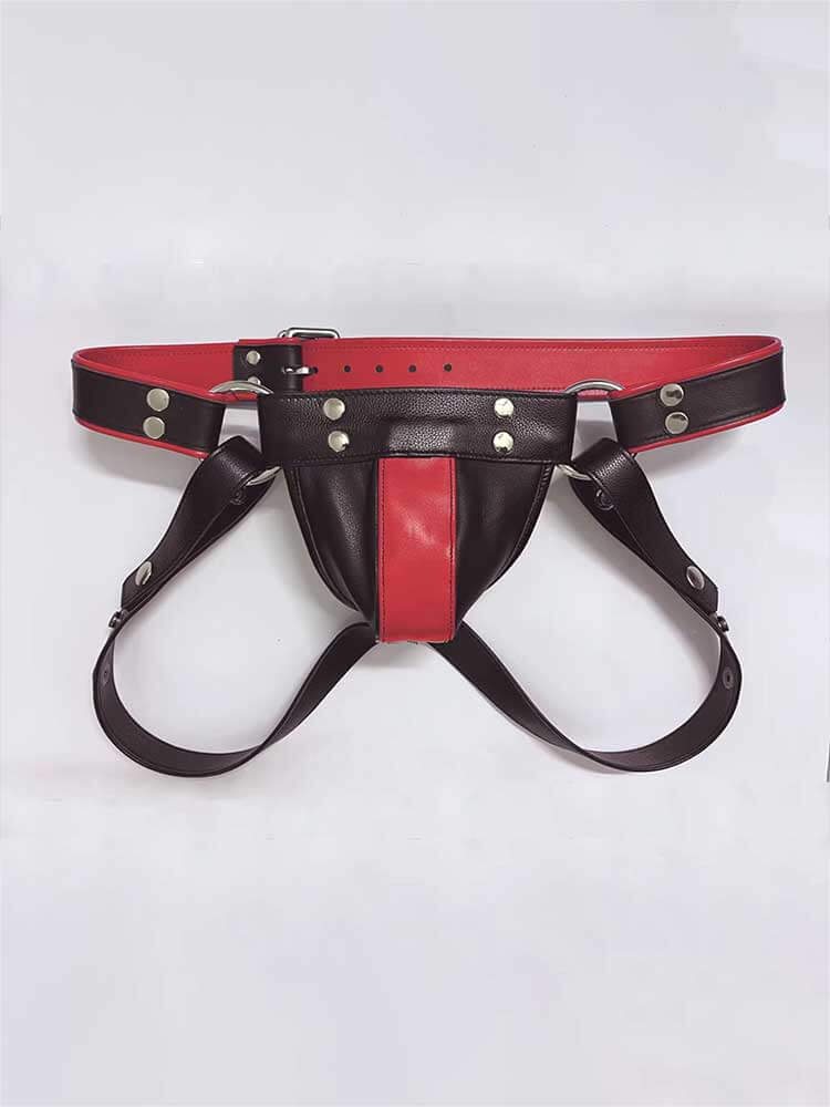 Men's Sexy Color-Blocked Cutout Cowhide Double Thong